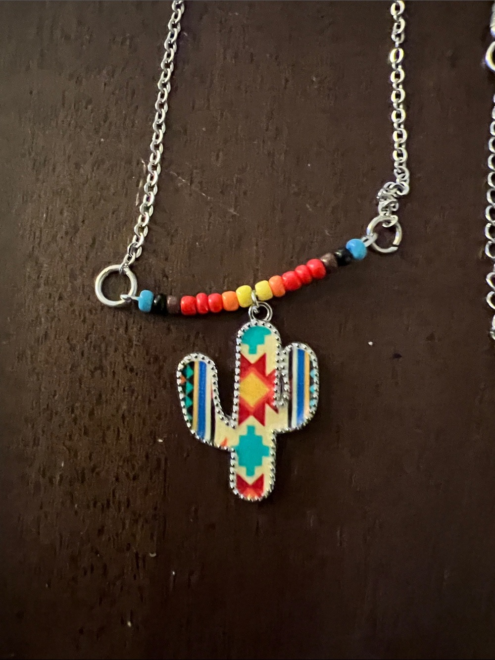 Silver-tone Multi-Color Cactus Pendant Necklace - Women Jewelry